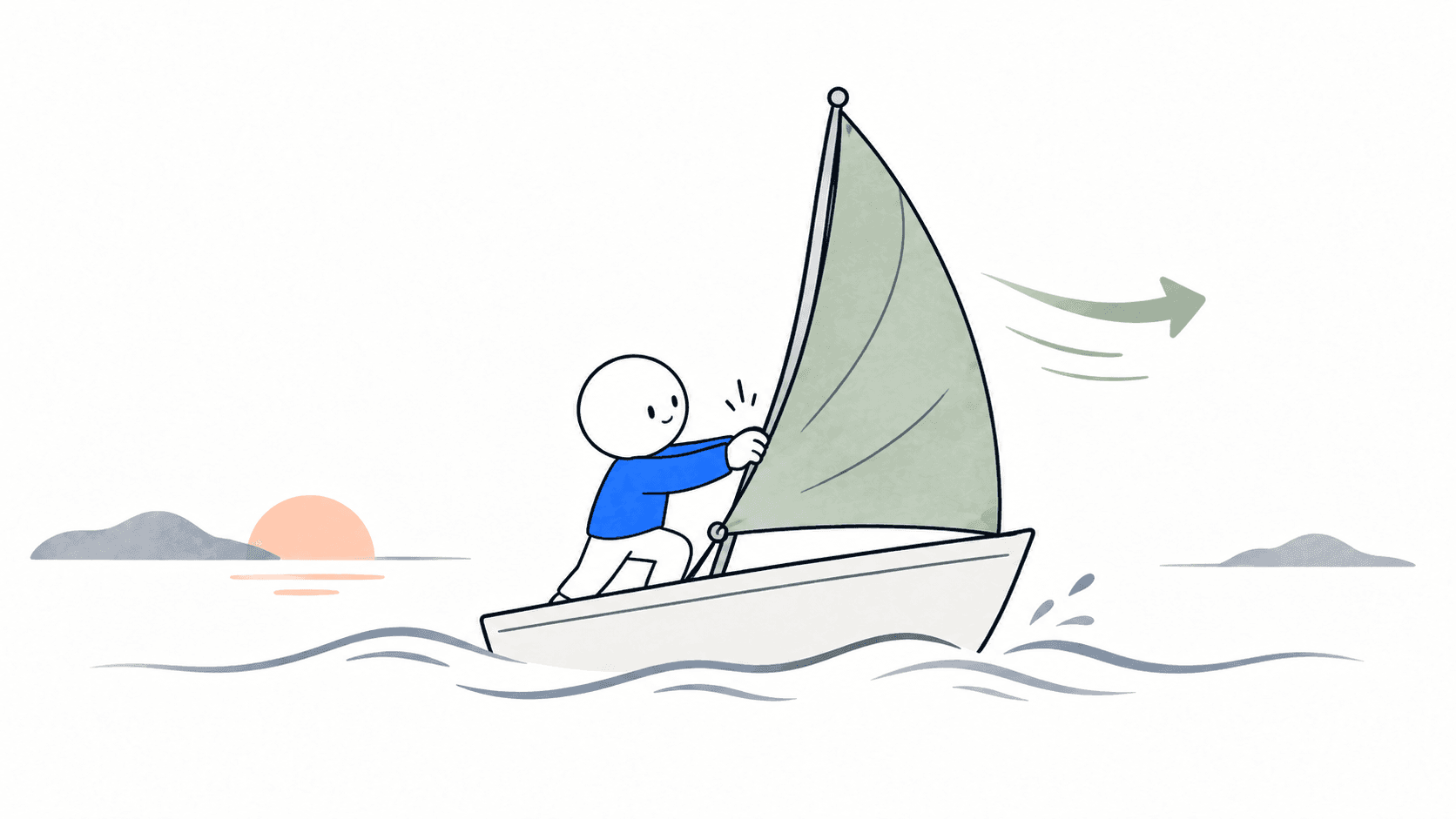바람이 바뀌자 돛의 방향을 조절하는 캐릭터