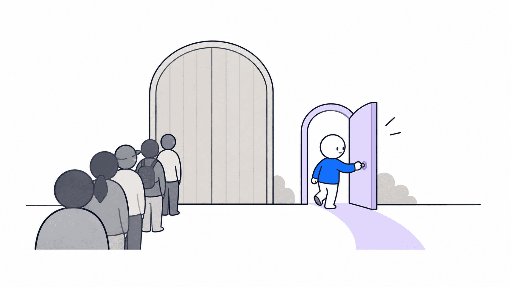 닫힌 정문 옆의 다른 문을 찾아보는 캐릭터