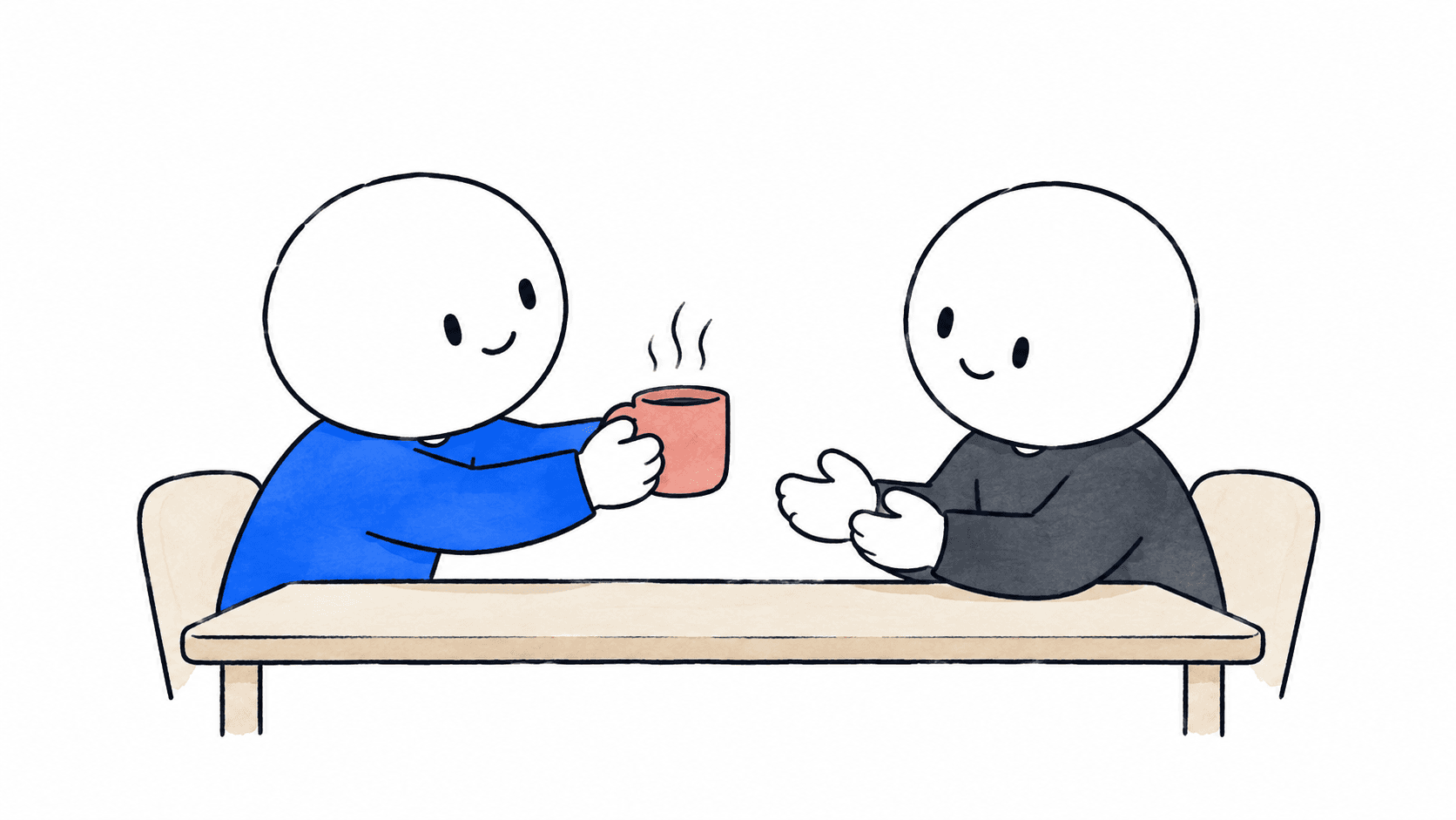 마주 앉은 사람에게 따뜻한 차를 건네는 그래비티 캐릭터